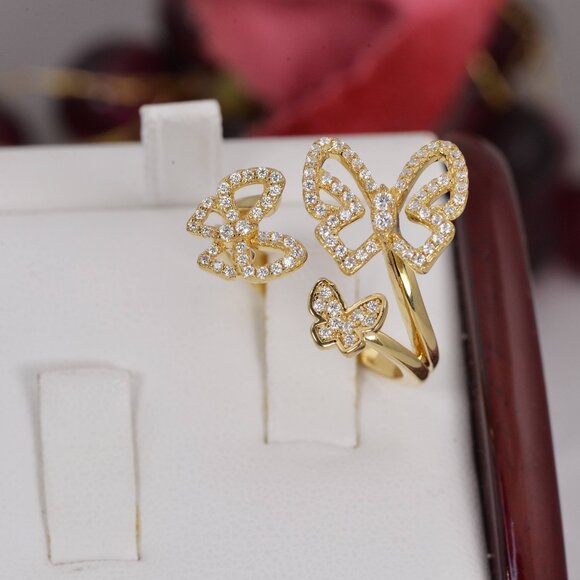 Certified Fully Iced Moissanite Butterfly Ring 925 Sterling YG - Picture 4 of 7